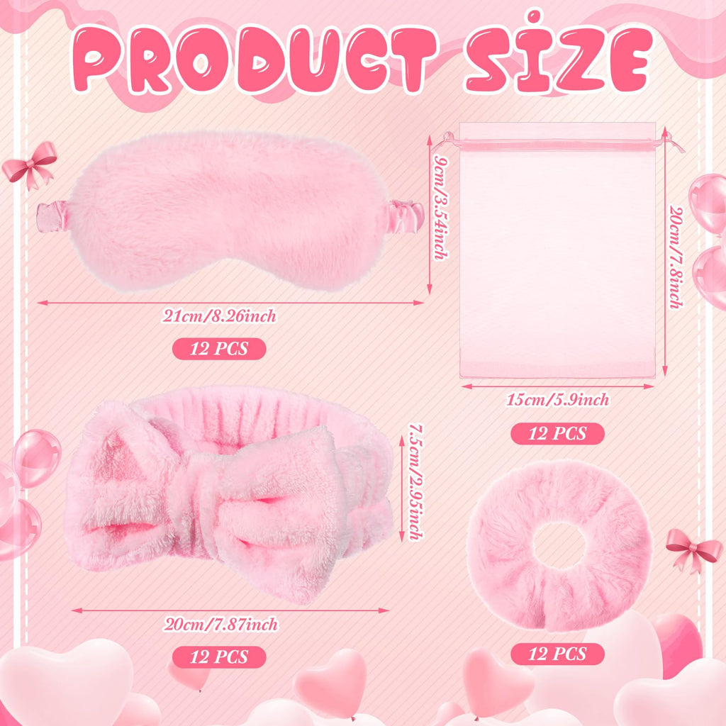 Wavyknot 60 Pcs Spa Party Supplies Bulk Include 12 Bow Hairbands 12 Sleep Eye Mask 12 Hair Scrunchies 12 Glitter Cups 12 Organza Bag for Women Sleepover Slumber Spa Party Favor(Pink)