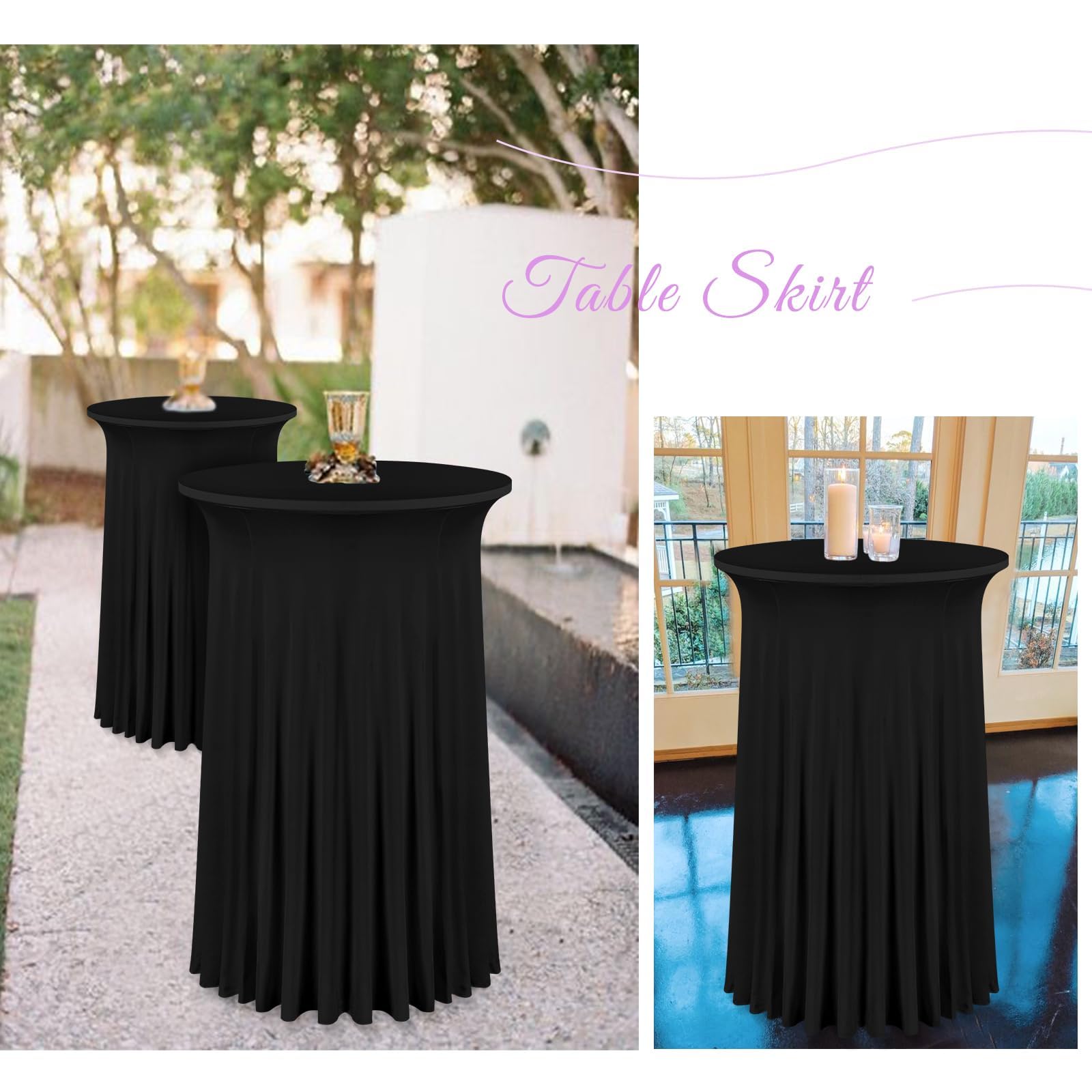 6 Packs 24"x 43" Round Cocktail Table Skirt, Spandex Fitted High Top Table Skirt, Spandex Stretch Cocktail Tablecloth for Wedding Party Bar Banquet Birthday Tables(Black)
