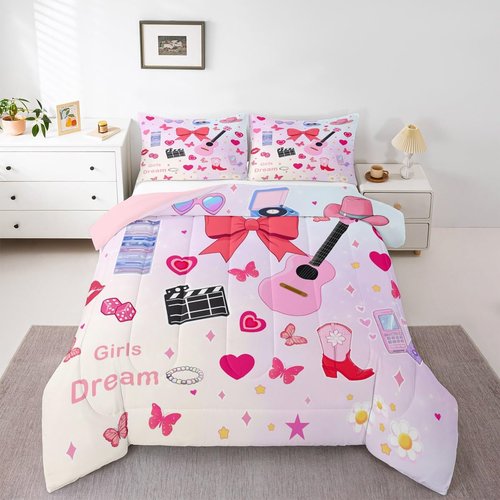 Erosebridal Music Themed Full Bedding Set,Guitar Singer Vinyl Record Comforter Set for Girls Kids,Pink Disco Ball Quilt Bed Set Red Bow Butterfly Bedding Comforter Sets,2 Pillowcases Room Decor