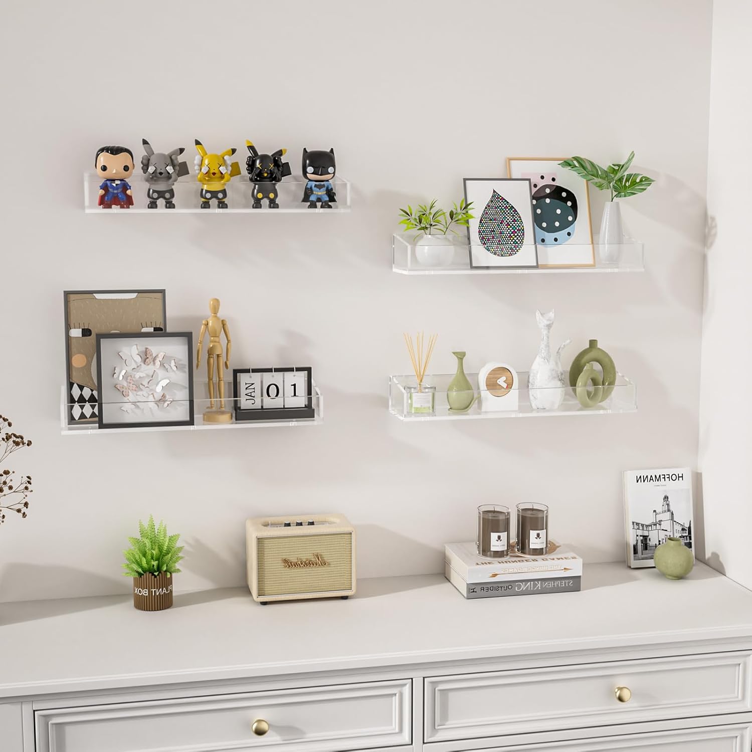 Skiennix 15" Clear Acrylic Floating Shelves - Space-Saving Wall Storage for Bathroom, Living Room & Kitchen