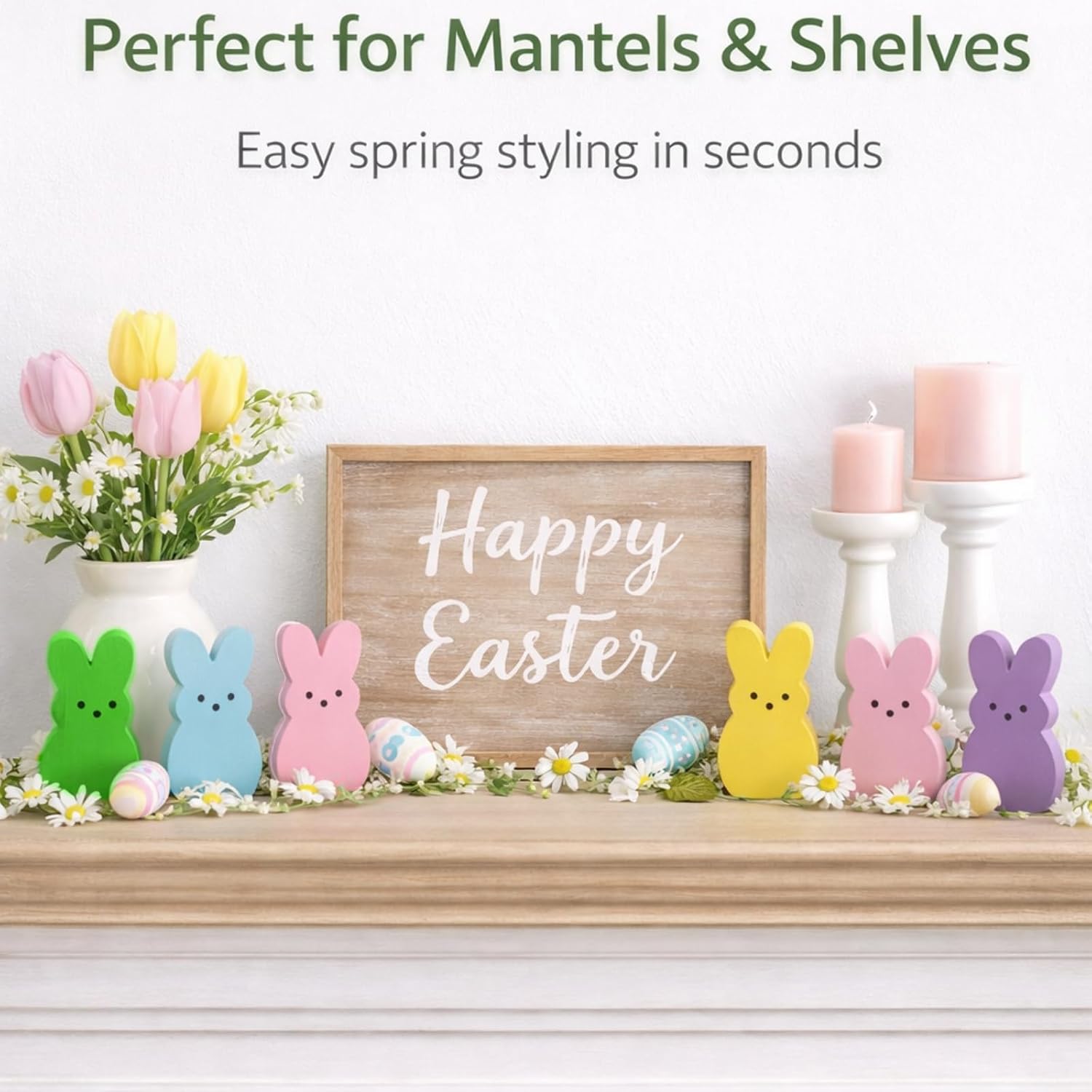 Skiennix Wooden Easter Decor - 30 Pcs Mini Bunny Set for Spring Table Centerpiece & Mantel Shelf
