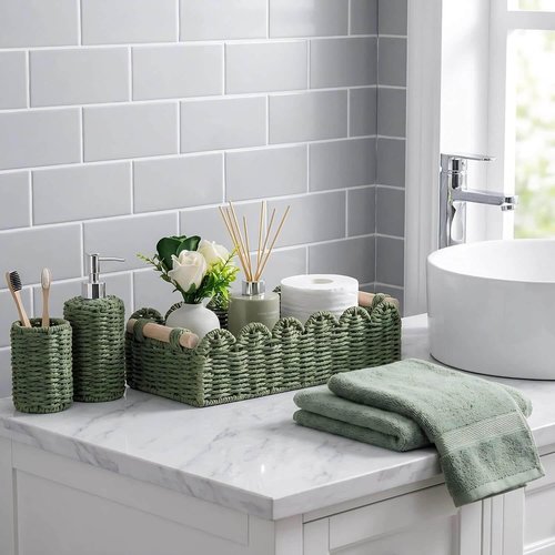CubesLand Toilet Paper Storage Basket - Scalloped Edge Green Decor | Cozy Home Accessory with 2 Wooden Handles