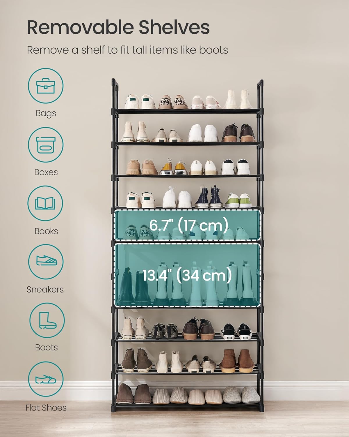 SONGMICS 10-Tier Shoe Rack - Versatile Metal Organizer for 44-55 Pairs | Black, 11.8 x 36.2 x 68.1 Inches