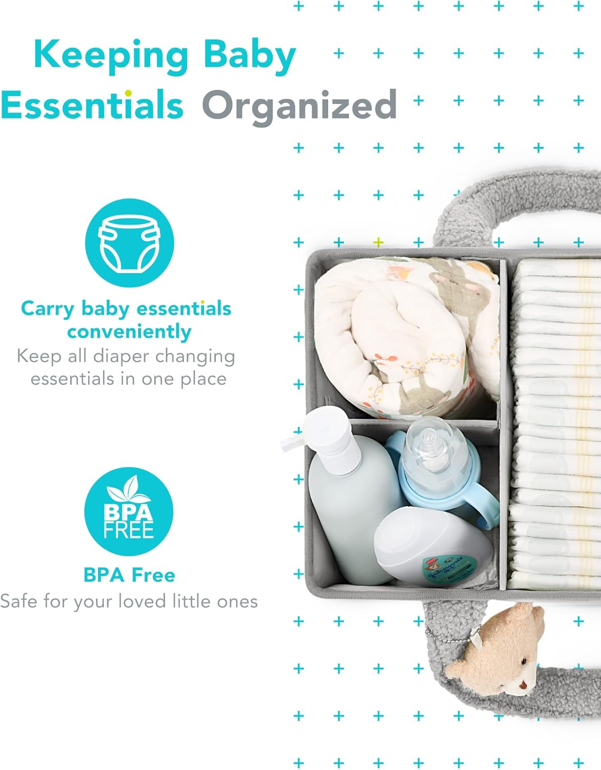 YOSING Diaper Caddy Organizer - Versatile Nursery Storage & Car Travel Solution | Gray & White