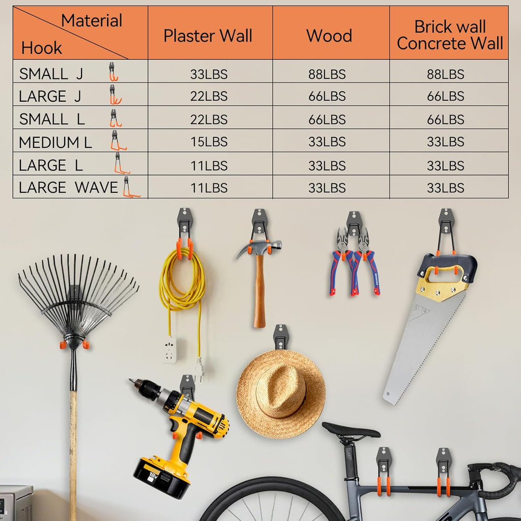 Skiennix Heavy Duty Garage Hooks - 14 Pack Steel Wall Mount Tool Organizer for Bikes, Ladders & Garden Tools