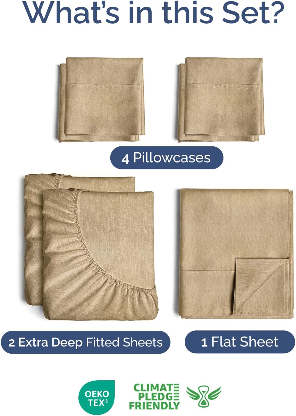 Skiennix Extra Deep Split King Sheet Set - 7 Piece Breathable Cooling Bedding - Soft Wrinkle-Free Heathered Tan
