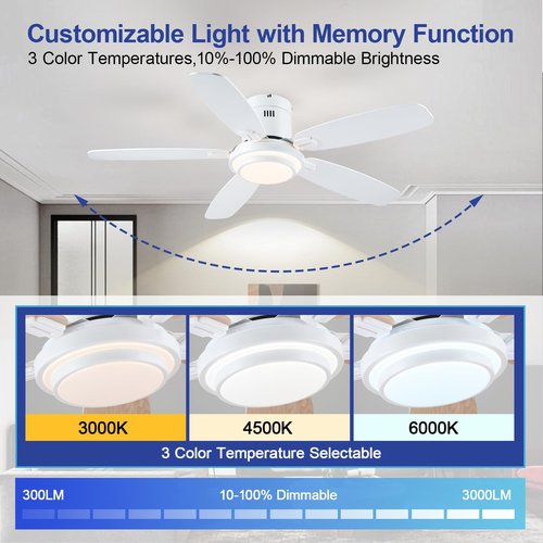 Hounberi Low Profile Ceiling Fan with Lights and Remote/APP, 50 Inch Modern Flush Mount Ceiling Fan with 3CCT 6-Speeds Quiet DC Motor,Dimmable 3-Color Temperatures for Living Room Bedroom(White)