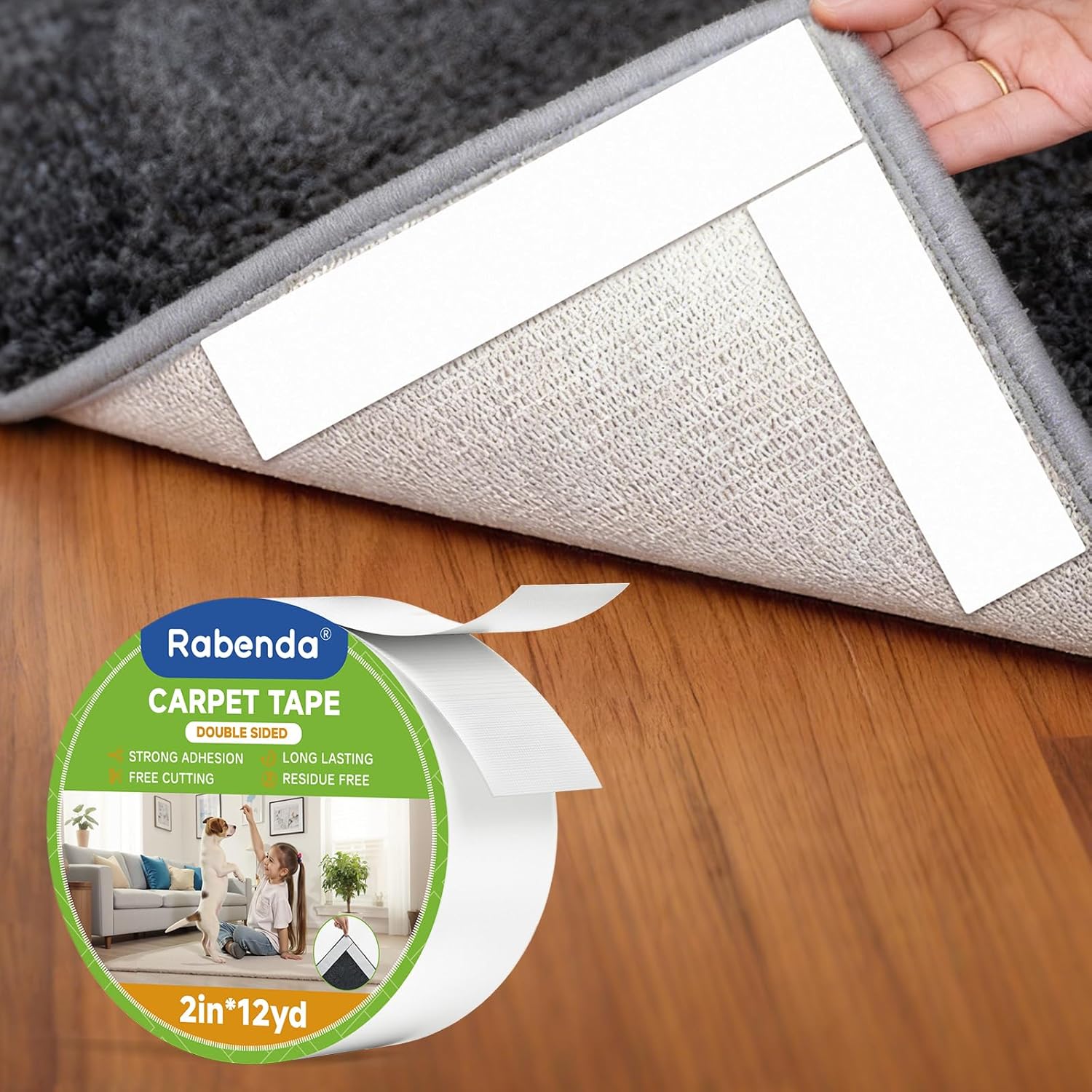Rabenda Double-Sided Carpet Tape - 2 Inch x 12 Yards Removable Rug Tape for Hardwood & Tile Floors - Strong Hold, No Residue Anti-Slip Gripper