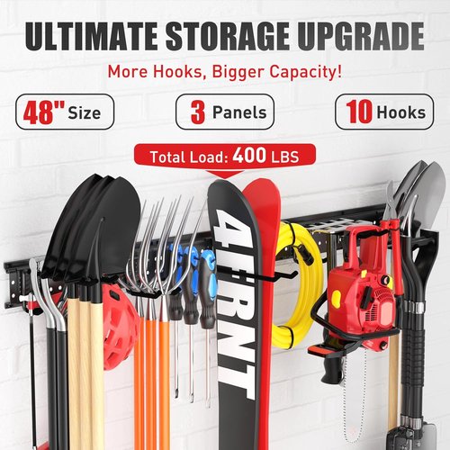 Garage Tool Organizer by [Brand Name] - Wall-Mounted 48-Inch Storage Rack with 10 Heavy-Duty Hooks | Holds Up to 400 lbs