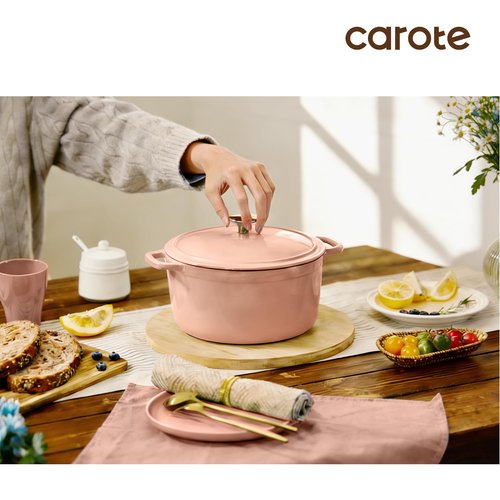 CAROTE 5QT Enameled Cast Iron Dutch Oven Pot with Lid, Heavy-Duty Dutch Ovens for Sourdough Bread Baking, Braising, Roasting, Dual Handles, Healthy & Non-Toxic, All Stovetop Compatible, Oven Safe up to 500° F, Macaron Pink