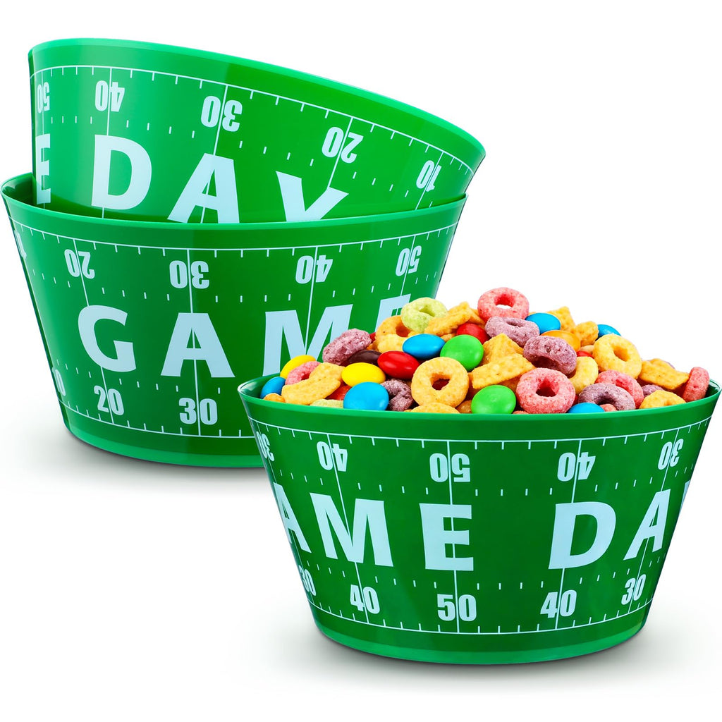 Reallnaive 2 Packs 12" Football Chip and Dip Bowl Game Day Snack Bowls Sports Event Party Plastic Bowls Green and White Reusable Candy Snack Bowl Fruit Candy Holder for Party Supplies Table Decor