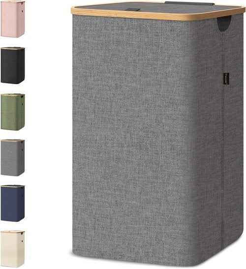 BALEINE Laundry Hamper - Tall Grey Laundry Basket with Lid & Bamboo Pull Handles | 26 Gal/100L Capacity