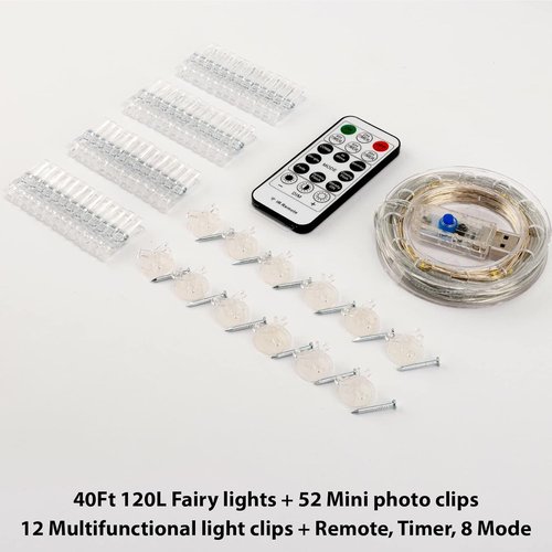 HXWEIYE 120LED White Photo Clip String Lights - 40Ft Fairy Lights with 52 Clear Clips & 12 Hooks | USB Powered, Timer & 8 Modes for Bedroom & Wedding Decor