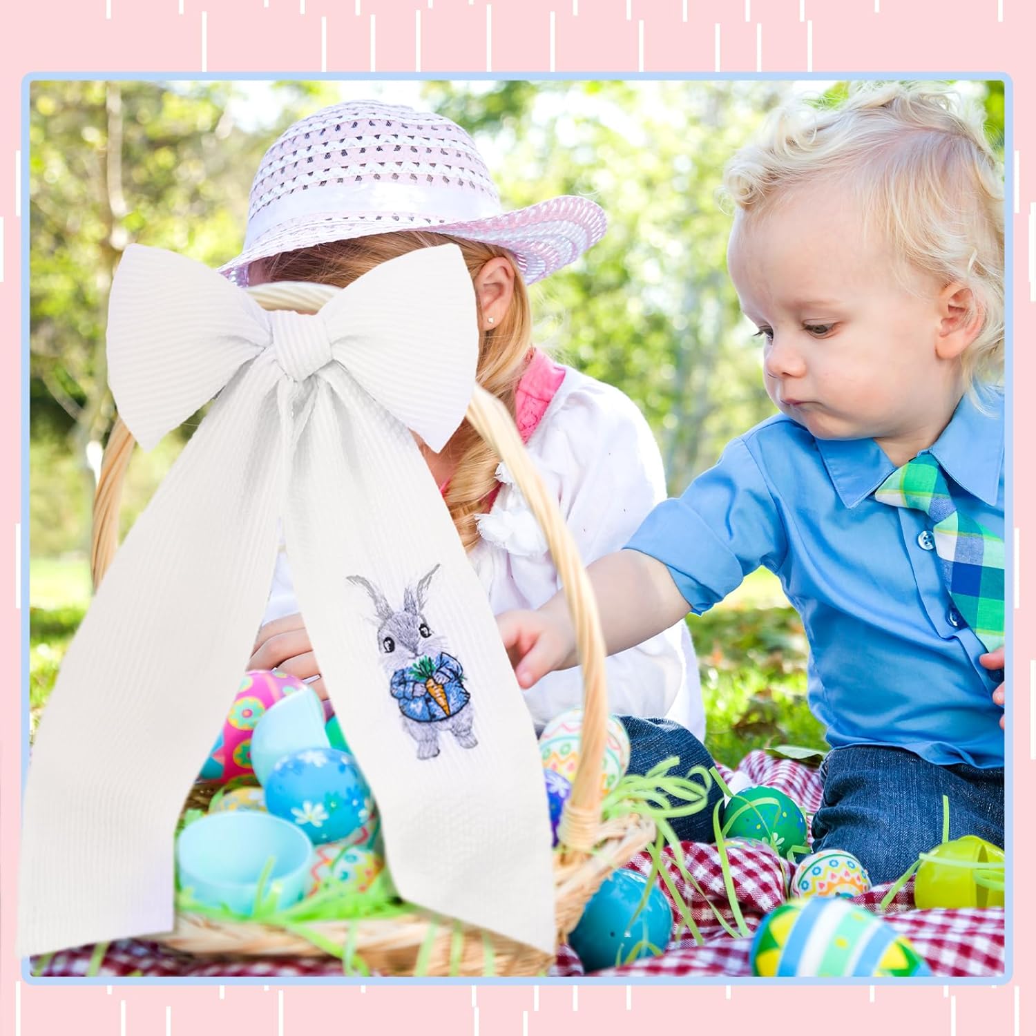 Wavwavw Seersucker Easter Basket - Embroidered Bunny Design with Large Pastel Gift Bow
