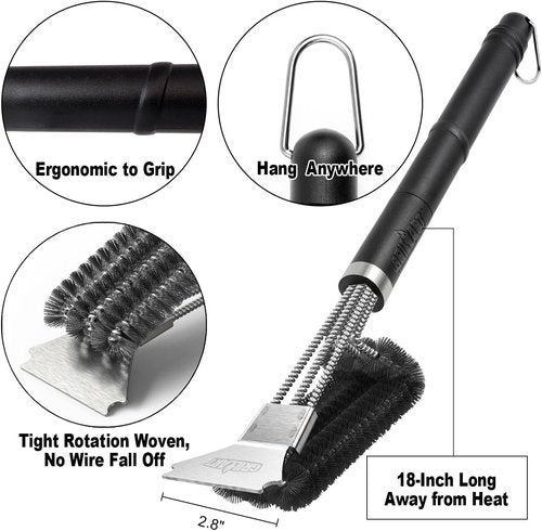 GRILLART Grill Brush - 18" Stainless Steel BBQ Brush with 3-in-1 Bristles for Safe Cleaning