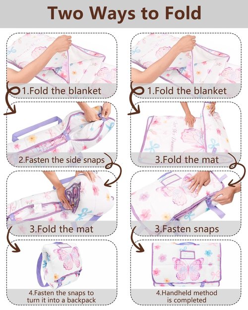 Primlect Toddler Nap Mat with Removable Pillow and Flannel Blanket, Portable Sleep Bag for Kids, Easy to Roll up, Washable, Perfect for Daycare, Preschool, Girls, 3-6 Years (Butterfly)