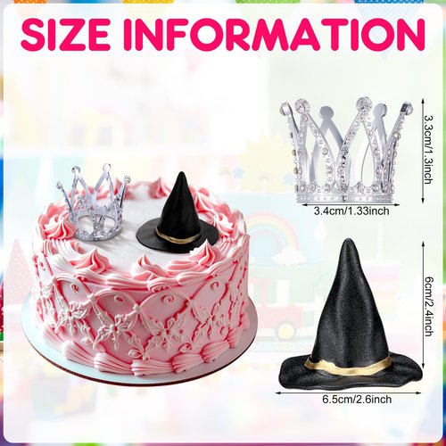 Burbell 2 Pack Witch Hat and Crown Cake Topper, Mini Wizard Hats Crown Cupcake Decorations for Birthday Party Supplies(Classic Style)