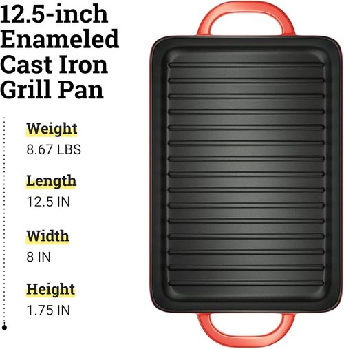 Lodge Enamel Cast Iron Grill Pan - 12.5 x 8 Inch with Dual Assist Handles - Versatile for Oven, Stove, Grill & Campfire - Red