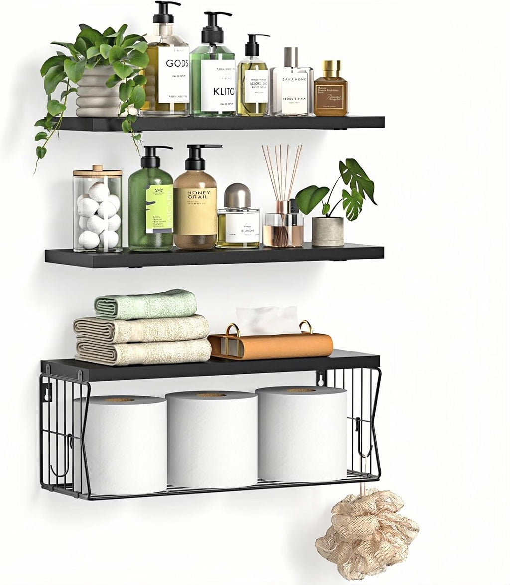 Skiennix Floating Bathroom Shelves - Modern Wall-Mounted Wooden Shelf Set of 3 for Stylish Storage - Black