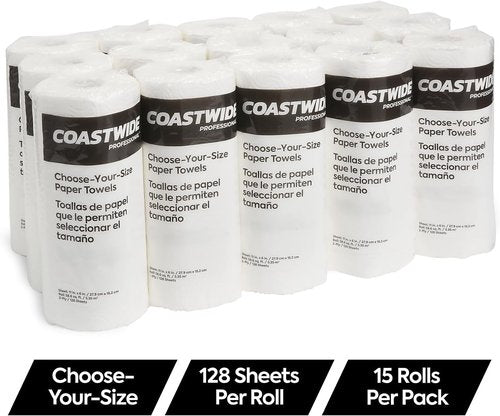 Choose-Your-Size Paper Towels - 2-Ply, White, 128 Sheets Per Roll, 15 Rolls Per Carton