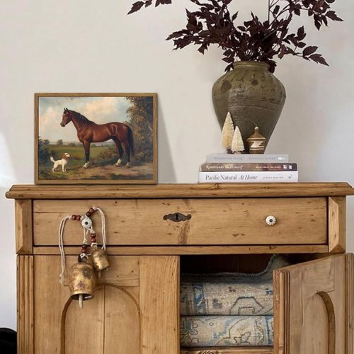 Framed Vintage Wall Art - Rustic Horse & Dog Pictures | Farmhouse Canvas Prints 12x16 Inch