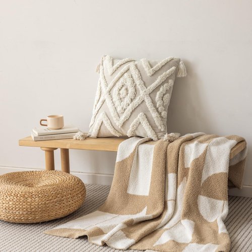 IKATYARN Woven Tufted Boho Throw Pillow Cover, Cream Modern Decorative Geometric Cushion, Farmhouse Tribal Pillowcase for Couch Sofa Bedroom Living Room, Off White
