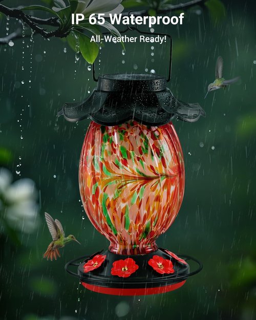HouseSapp Solar Hummingbird Feeder - 49 fl. oz Color Changing Glass - 7 Feeding Ports & Perch