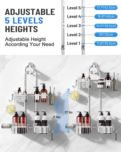 MSAICOE Adjustable Shower Caddy Hanging for Handheld Showerheads - Upgraded Never Rust Shower Hanging Organizer, Bathroom Shower Rack with Soap Basket, Hooks and Toothbrush Holder (Shiny Silver)