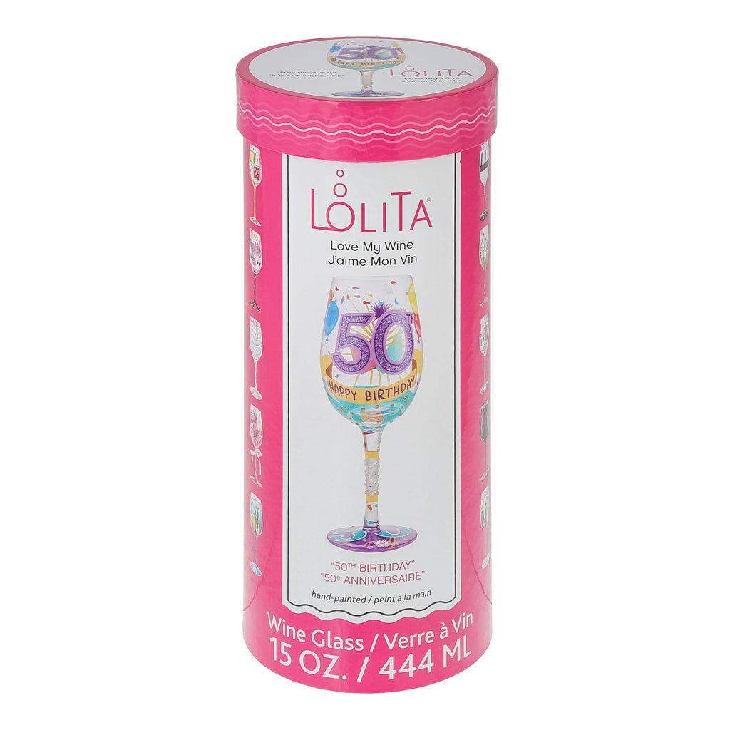 Enesco Designs by Lolita Happy 50th Birthday Hand-Painted Artisan Wine Glass, 15 Ounce, Multicolor