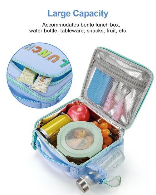 Amersun Kids Insulated Lunch Box- Water-Resistant, Reusable Cute Lunch Tote Bag with Water Bottle Holder & Multi-Pocket-Ideal for Ages 3+ Girls, Boy, School,Travel(Baby Blue)