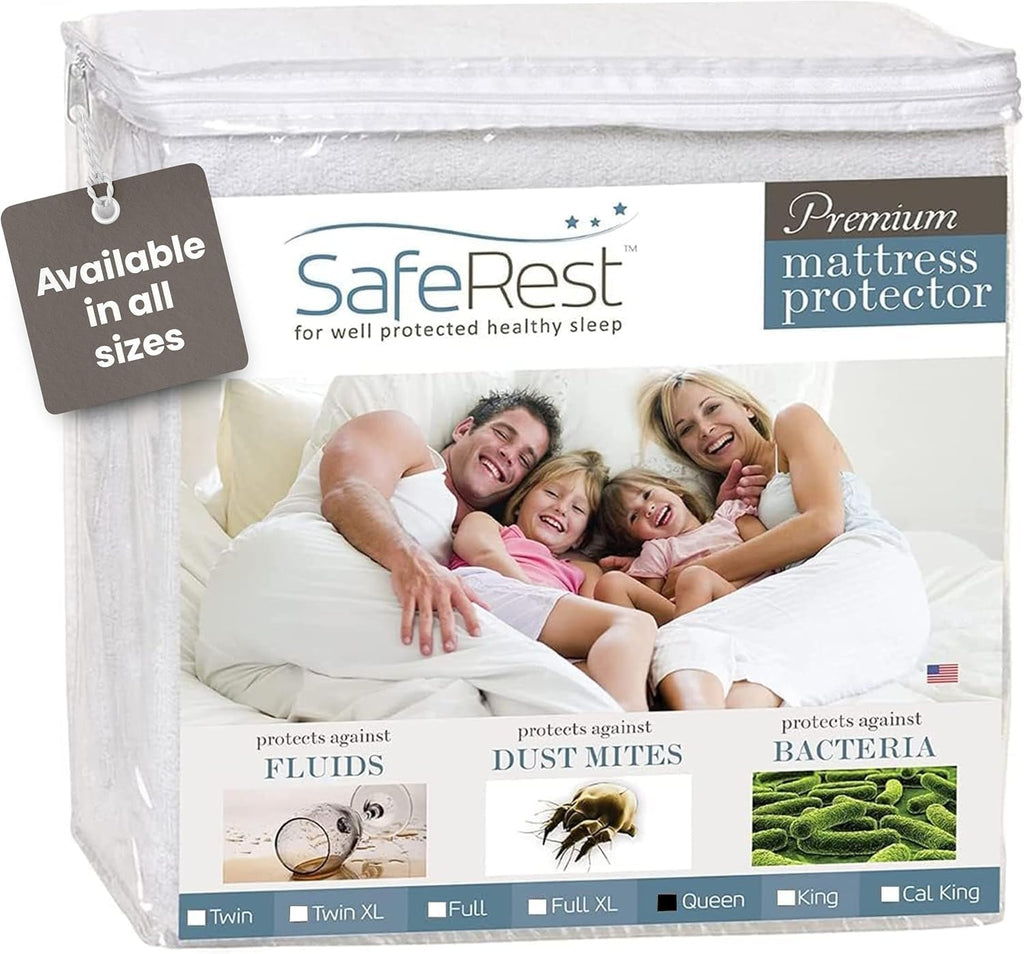 SafeRest Waterproof Mattress Protector - Queen Size Fitted Cover with Stretchable Pockets | Machine Washable Cotton Blend