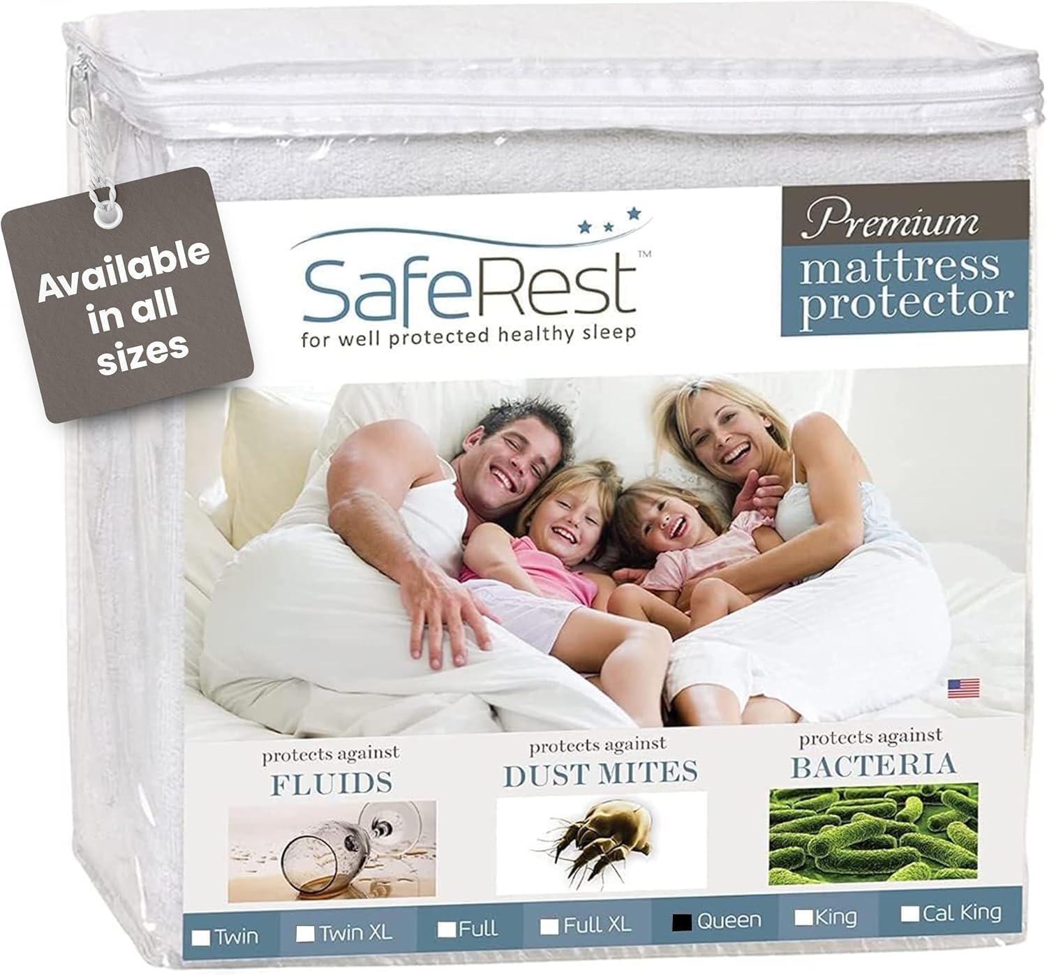 SafeRest Waterproof Mattress Protector - Queen Size Fitted Cover with Stretchable Pockets | Machine Washable Cotton Blend