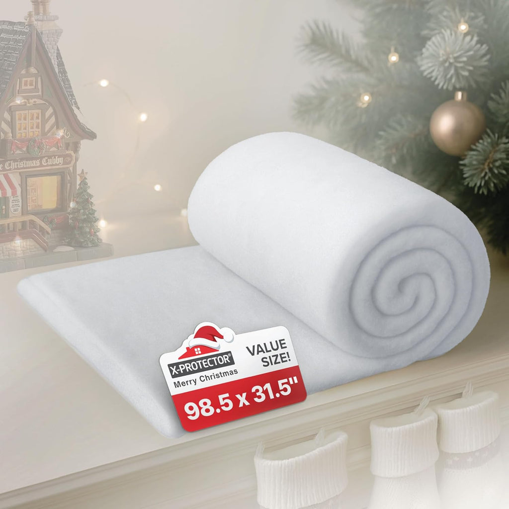 X-Protector Snow Blanket | 98.5"x31.5" Artificial Christmas Village Snow Sheet - Large White Faux Snow Mat