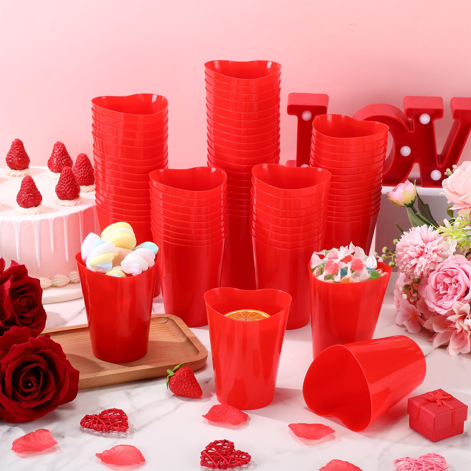 Qinyoung 100 Pcs Valentines Heart Shaped Plastic Cups Bulk 12 oz Plastic Heart Wine Cups Reusable Pink Red Galentines Party Cup for Wedding Birthday Drinking Beverage Party Supplies(Red)