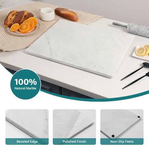 Soulscrafts Marble Stone Cutting Board For Kitchen, 20x16 Inch Oriental White Large Marble Pastry Board With Non-Slip Feet For Baking, Cheese, Charcuterie, Chocolate
