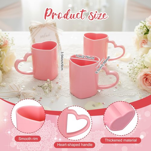 Baderke 12 Pcs Valentine's Day Heart Shaped Mugs with Handles 7.8 oz Reusable Pink Red Love Heart Plastic Drinking Cups for Birthday Wedding Anniversary Party Supplies(Pink)