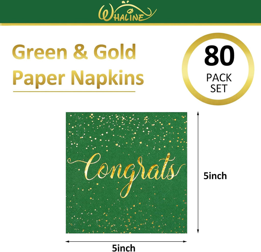 Whaline Graduation Cocktail Napkins - 80 Pack Green & Gold Foil Congrats Design | Disposable Tableware