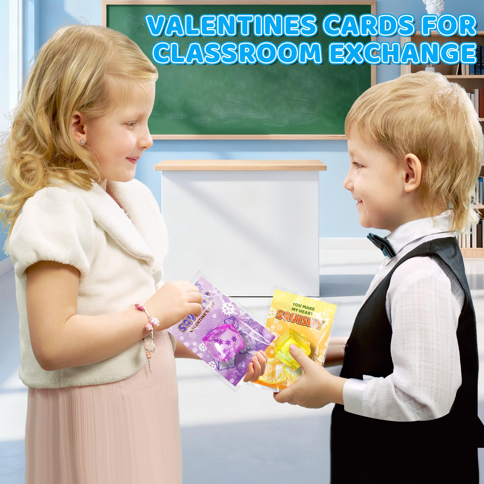 Valentines Day Cards Gifts for Kids School, 24 Pack Snow Cube Squeeze Balls with Greeting Cards for Kids Classroom Exchange Prizes, Stretchy Toy Balls Bulk Gift, Squeeze Fidget Toy for Party Favors