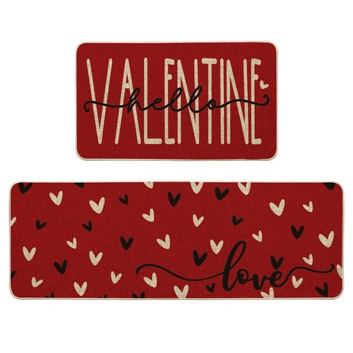 Artoid Mode Red Black Love Heart Hello Valentine's Kitchen Mats Set of 2, Home Decor Low-Profile Kitchen Rugs for Floor - 17x29 and 17x47 Inch
