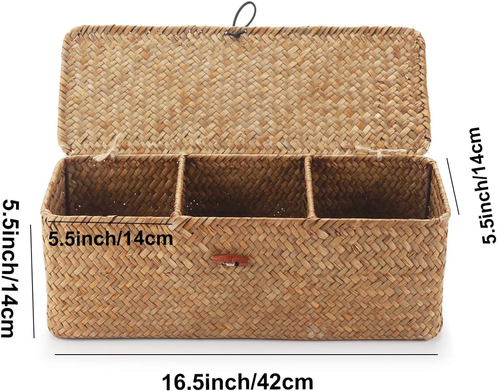 Seagrass Tank Basket - Woven Storage Basket with Lid for Organizing Snacks & Toys | Large 16.5" L x 5.5" W x 5.5" H