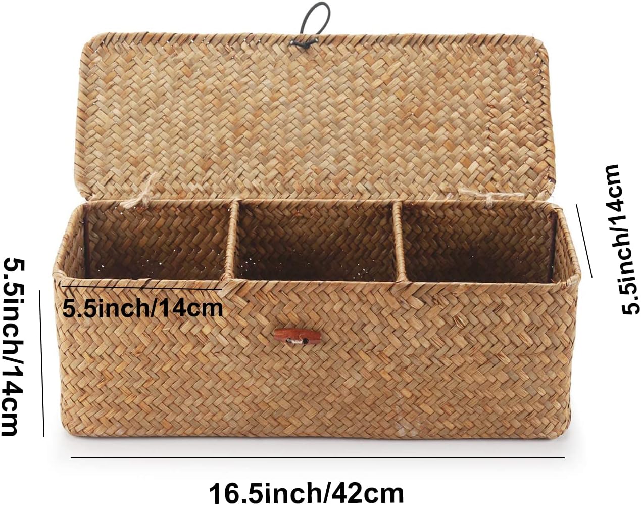 Seagrass Tank Basket - Woven Storage Basket with Lid for Organizing Snacks & Toys | Large 16.5" L x 5.5" W x 5.5" H