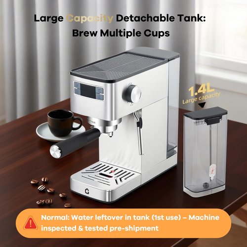 GarveeHome Compact 20 Bar Espresso Machine–Stainless Steel, Steam Milk Frother, Removable Tank for Cappuccino/Latte,(Silver)