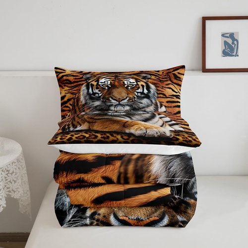 Manfei Tiger 3D Print Comforter Set Queen Size Wild Animals Bedding Set 3pcs for Kids Teens Room Decor,Animal Fur Quilt Set Soft Breathable Duvet Insert with 2 Pillowcases