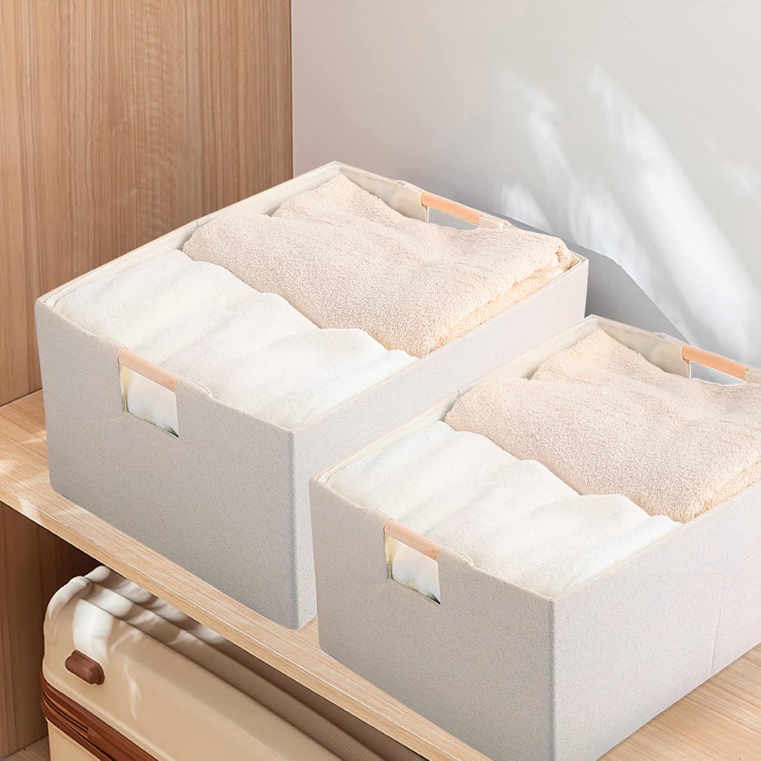 Skiennix Fabric Storage Bins - Foldable Cotton Linen Baskets with Wooden Handles | Small Beige 3-Pack