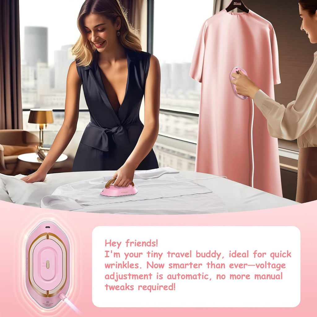 Newbealer Travel Iron - Mini Dry Iron with Global Voltage, 300W Power, Non-Stick Soleplate | Pink, Ultra-Lightweight