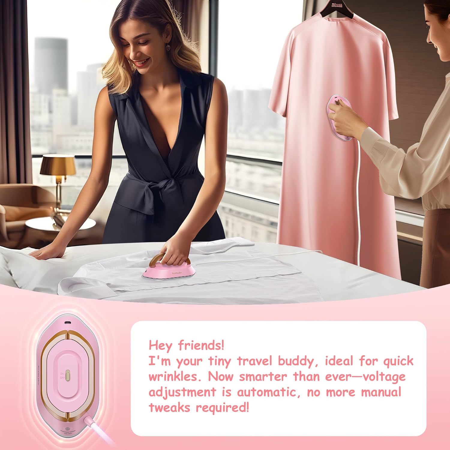 Newbealer Travel Iron - Mini Dry Iron with Global Voltage, 300W Power, Non-Stick Soleplate | Pink, Ultra-Lightweight
