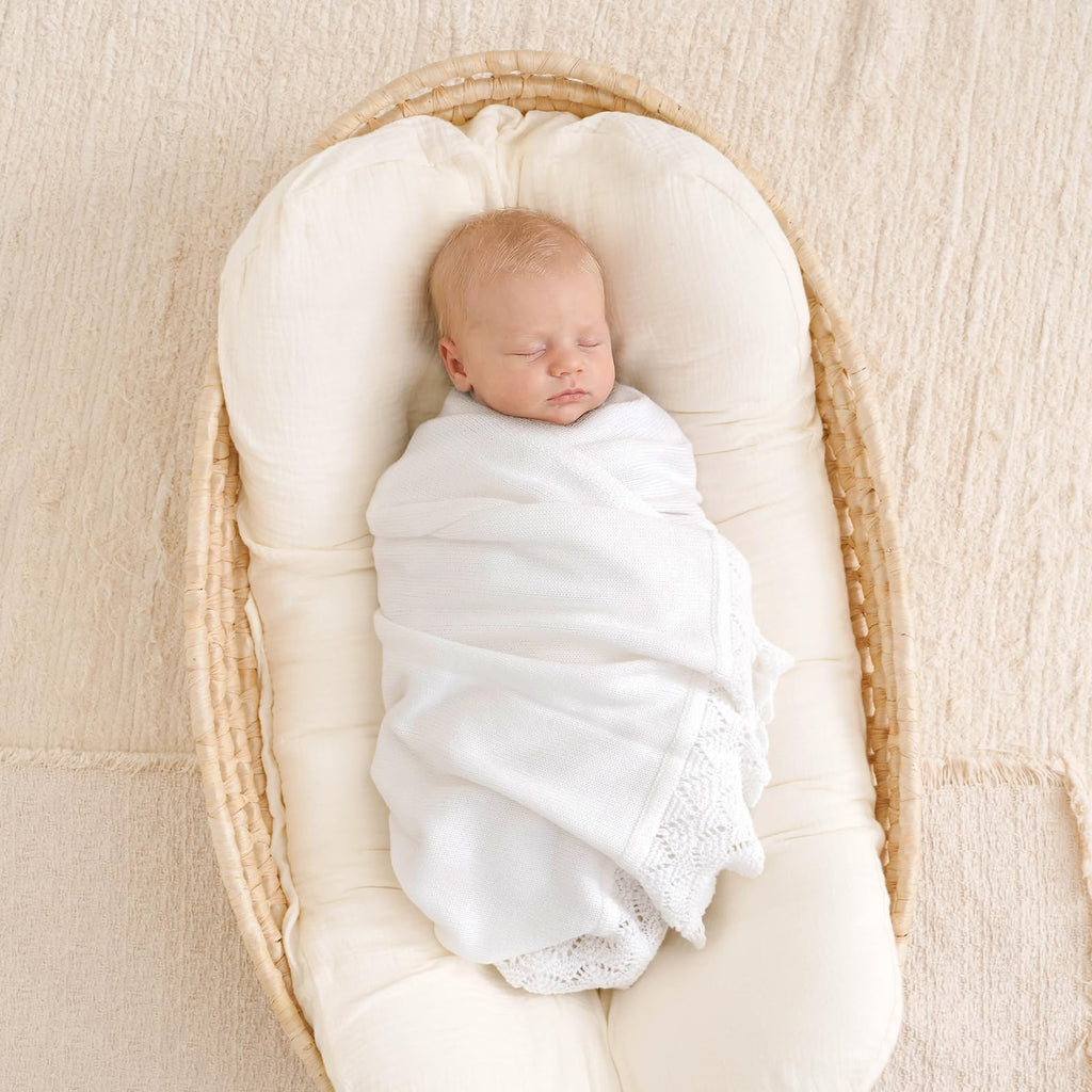 Hadetoto Baby Blanket Soft Cozy Cotton Cable Knit Crochet Receiving Crib Nursery Swaddling Blankets for Newborn Boys Girls (Baby White)