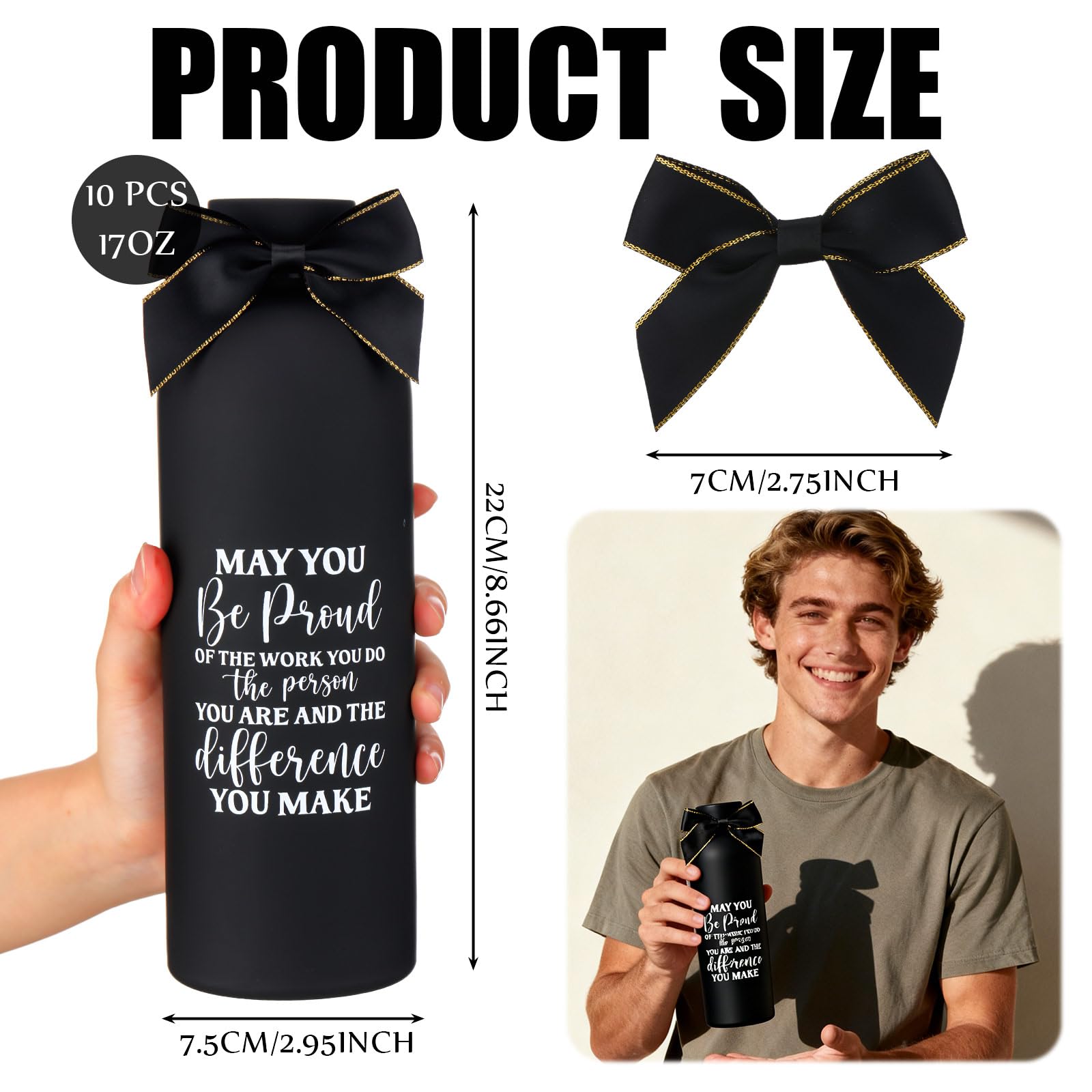 Teecyhooo 10 Pcs Employee Appreciation Gifts Thank You Water Bottle Bulk 17 oz Stainless Steel Frosted Inspirational Team Bottle with Box for Teacher Nurse Staff Christmas Gifts(Black,Appreciation)