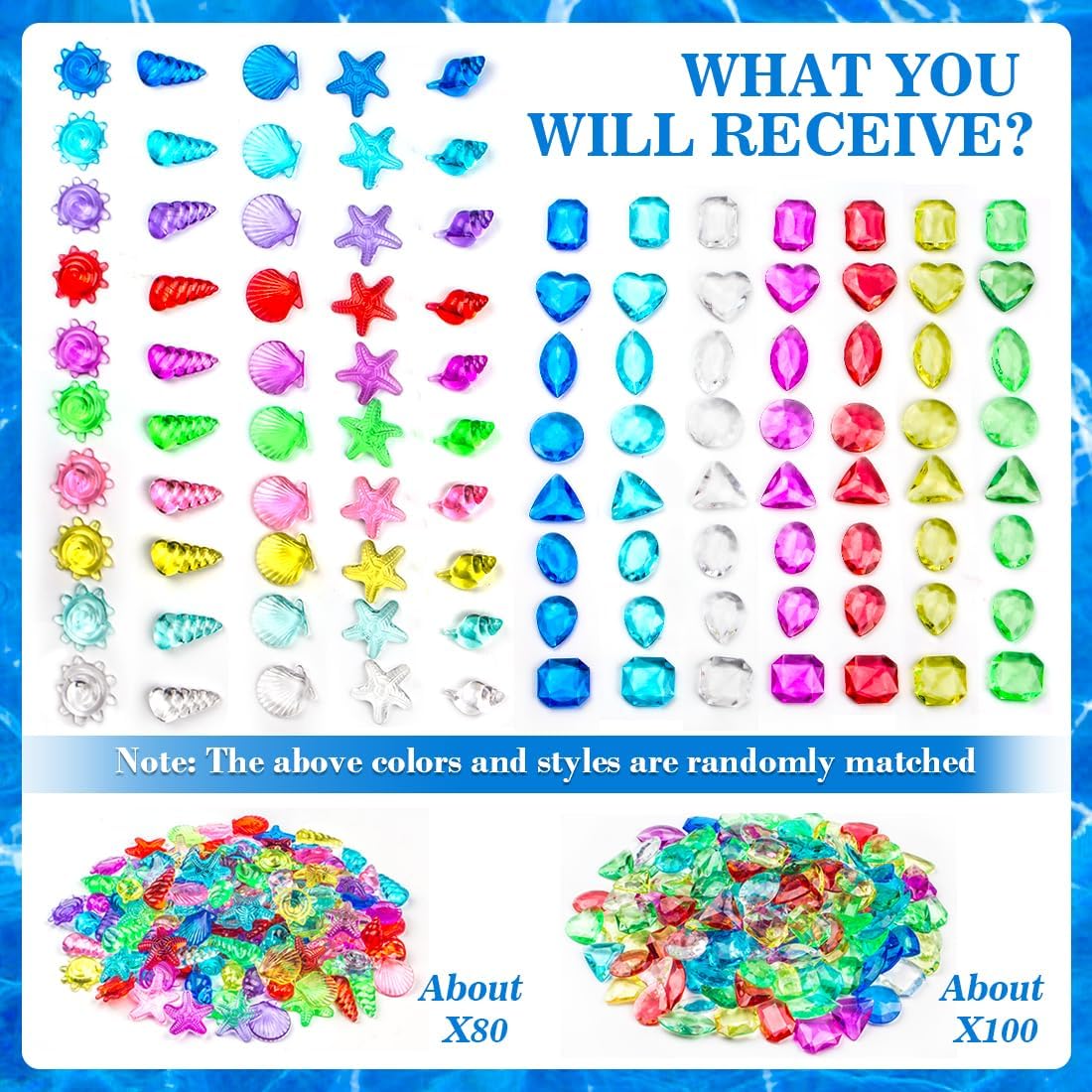 Skiennix Sensory Bin Filler - 180 Pcs Plastic Gemstones & Fake Seashells for Kids | Ocean-Themed Play