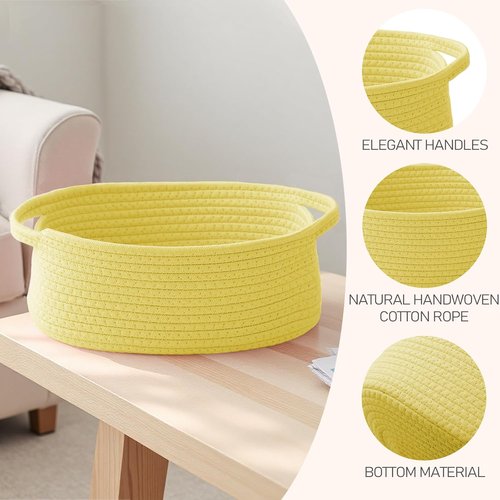 JMvicyroam Woven Basket - Small Rope Storage Bin with Handles | Versatile Organizer for Shelves & Closets - Yellow, 3 Pack